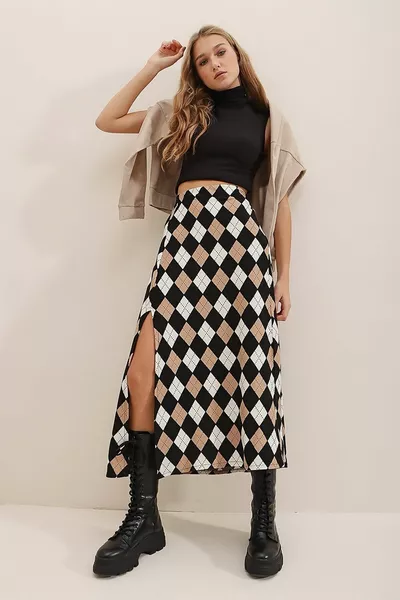 Adın بسكويت عالية الخصر شق لينة الشتاء منتصف الطول تنورة