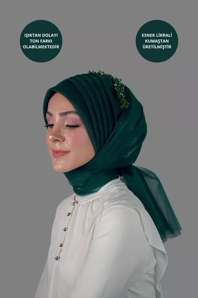 Ready Shawl Ready Turban 5-1 Snap Draped Luxus Traum Tüll Stoff Smaragdgrün