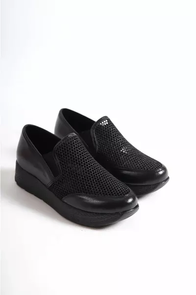 جلد طبيعي أسود نسائي أحذية جلدية كاجوال 