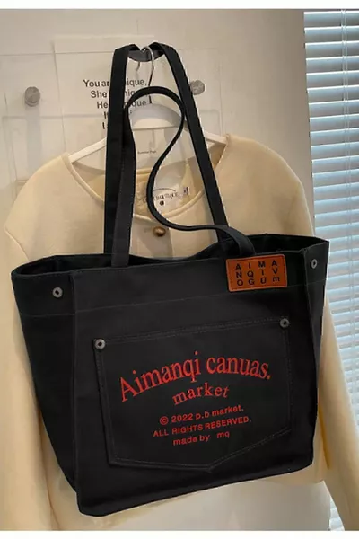 Canuas Organic Fabric Black Canvas Tote Borsa a tracolla grande elegante ed elegante con tasche