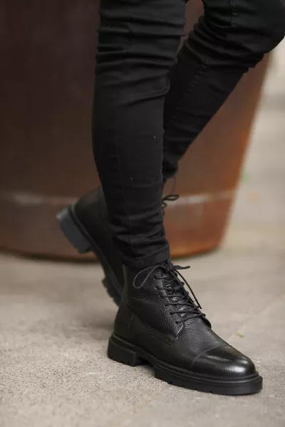 - حذاء جلدي أسود برباط ، حذاء رجالي بسحاب