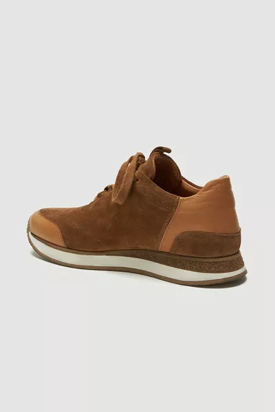 Klassische, hellbraune Damen-Sneakers aus einer Mischung aus echtem Wildleder und Leder mit Schnürung und dünner Sohle