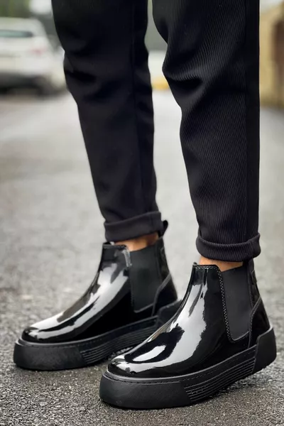 SUTULYA Elastische Veterloze Chester Chelsea Heren Laarzen ZWART LAKLEER - CHE