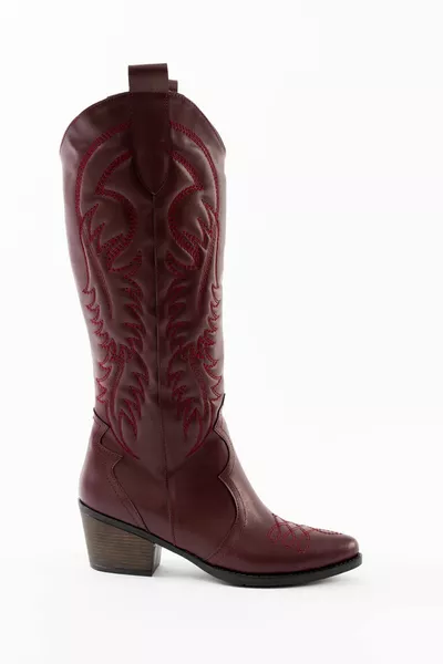 Women's Burgundy Leather Embroidered Long Cowboy Boots