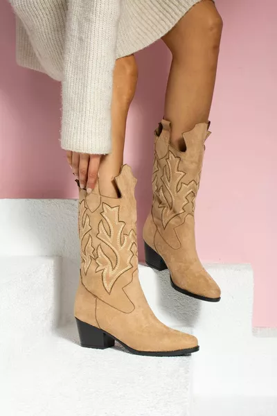 Алекс Дамски ботуши Каубойски шарен бежов велур