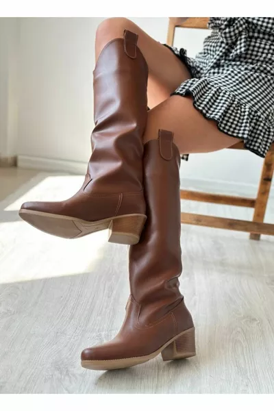 Tan Leather Western Style Knee Long Women's Boots