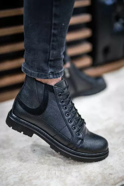 Bottes orthopédiques confortables décontractées en cuir plat noir pour hommes 