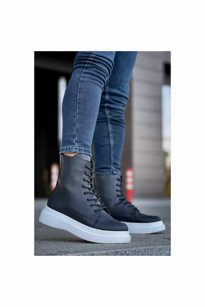 FRAPPE Black Skin Black High Sole Lace-Up Postal Boots BLACK/WHITE - KBC