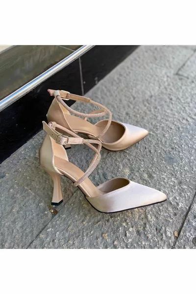 Tan Satin 9 cm Heels Cross Strap Shoes