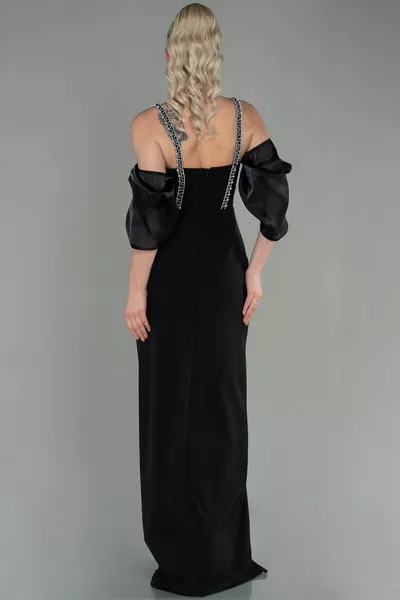 أسود حزام كم التبعي شق فستان مساء طويل 