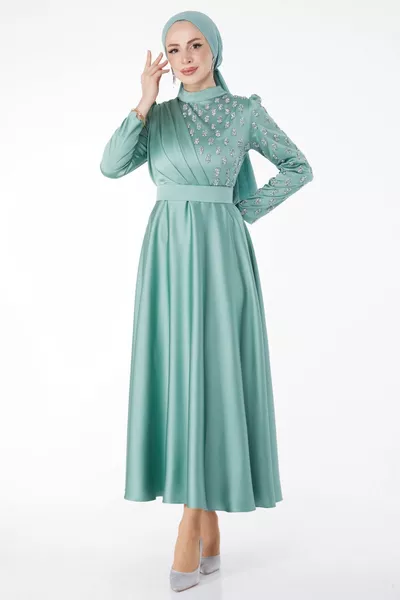 Straight Judge Collar Women's Green Embroidered Stone Detailed Evening Dress - 