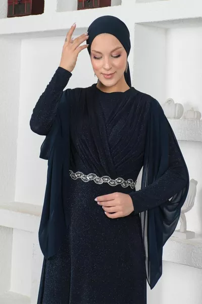 Famelin Maniche Chiffon Dettagliato Lucido Tessuto Pietra A Righe Lycra Hijab Abito Da Sera