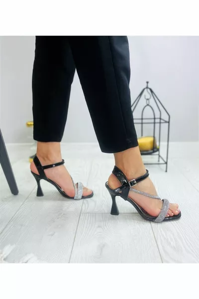 Vrouwen Dikke Zilver Gestreepte Lakleer Zwarte Open Front Dunne Hak Avondjurk Hakken - Afstuderen Bruiloft