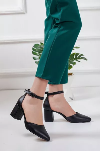 Women's Black Skin Slit Belly Ankle Strap Short Heels