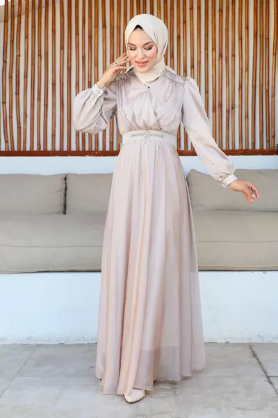 ياقة مزدوجة الصدر فستان حجاب مطرز - بيج