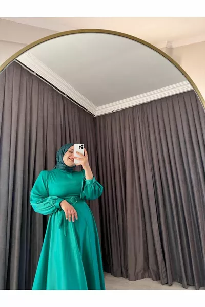 Satin Belt Detailed Green Evening Dress