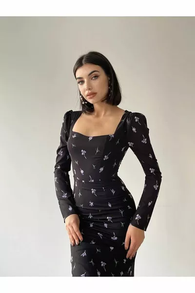 Collier coeur noir coupe slim imprimé floral Maxi robe longue premium