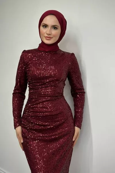 Charles Shirred Pailletten Fisch Abendkleid Burgund