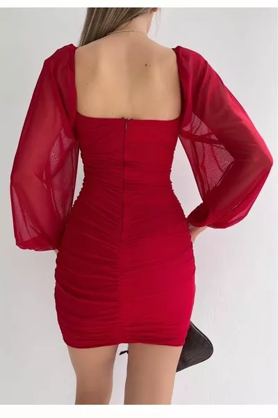 المرأة رقيقة مبطنة طويلة تول الأكمام مفصلة قصيرة مساء اللباس الأحمر 