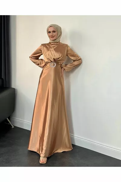 Cross Detailed Belted Hijab Evening Dress