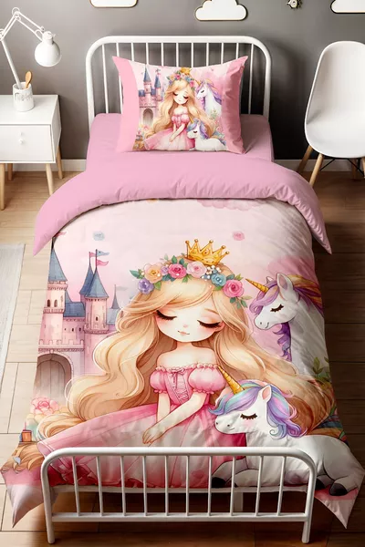 Single Bed Baby Kids Duvet Cover Set with Unicorn Princess Pattern
