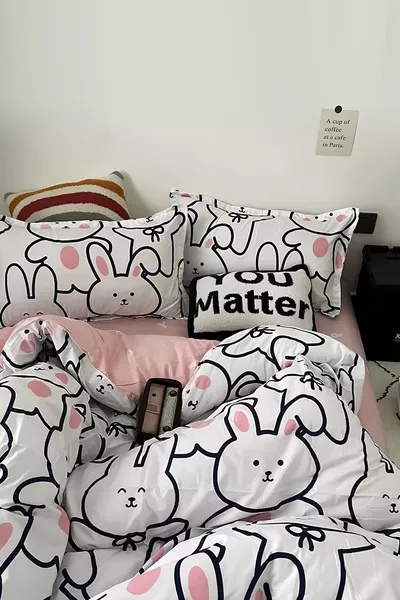 Eenpersoonsbeddengoedset met hoeslaken, schattig konijntje