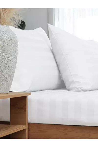 Платинена серия памучен сатен с ластик чаршаф комплект на райета за двойно легло, бял/цветен, тип хотел с възглавници