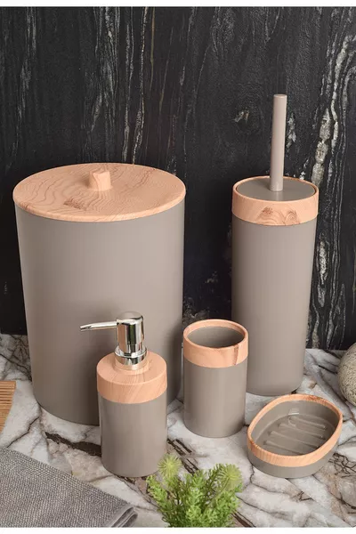 Limpia Bamboe Patroon 5-delige Badkamerset Prullenbak Vloeibare Zeepdispenser Tandenborstelhouder Badkamerset Crème