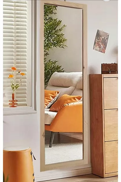 Natural Wood Frame Wall Hall Mirror Full-Length Mirror