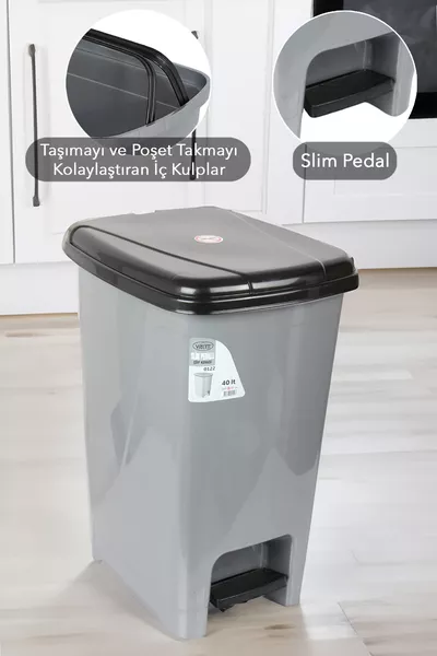 Litre Pedal Grey Bathroom Kitchen Trash Can with Black Lid Slim Pedal Trash Can