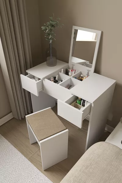 طاولة مكياج بيضاء مع مرآة ودرج من أنكا