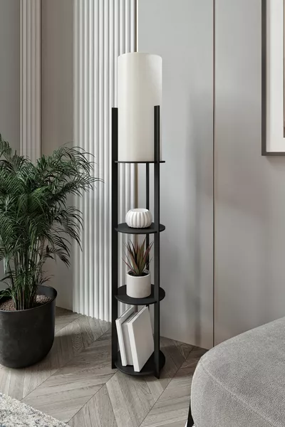 РАДИАНТЕН СТОЯЩ ЛАМПА С КРЪГЛИ РАФТОВЕ ЧЕРЕН