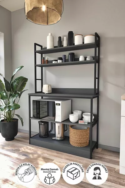 Kitchen Stand with Base, 5-Shelf Coffee Corner Kitchen Rack, Kitchen Counter, Panama Anthracite