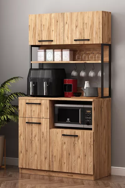 خزانة إرفين متعددة الاستخدامات من خشب الصنوبر الأطلسي مع جهاز القلي بالهواء ومنطقة قهوة