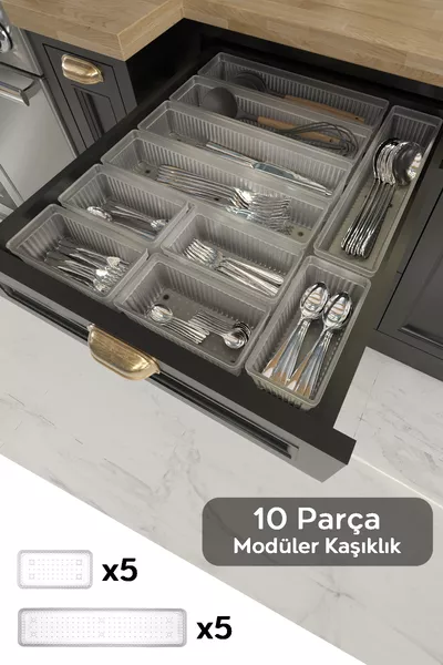 Модулен комплект за лъжици, органайзер за чекмедже за разпределяне на вилици, лъжици и ножове, прозрачен