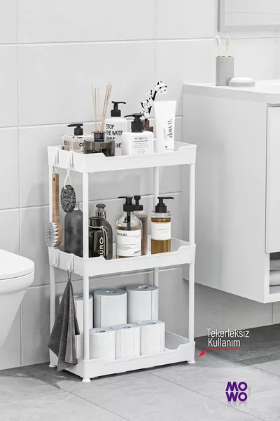 Mowo 3-laags wit badkamerrek op wielen, keukenrek, handdoekenrek, wasmiddelhouder, make-up organizer Vesken