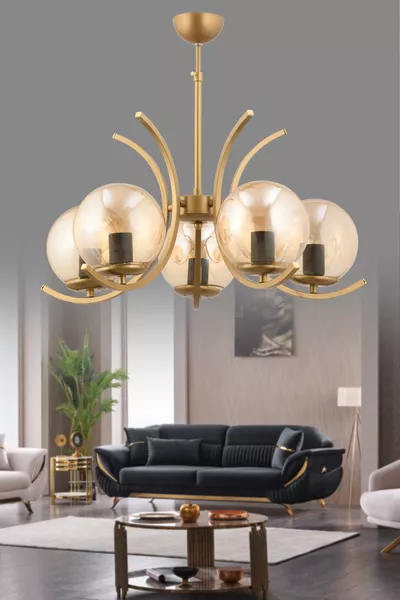 OPPO 5-Piece Honey-Colored Globe Glass Vintage Modern Pendant Chandelier for Living Room
