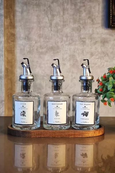 Porte-bouteilles en bois transparent 3 pièces pour ml huile d'olive, vinaigre, vinaigre de grenade, huilier, blanc
