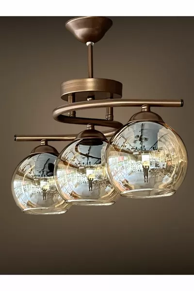 ثريا منزلية إضاءة، برتقالي داكن، هيكل بني، زجاج عسل، صالون، مطبخ، غرفة، ثريا ثلاثية