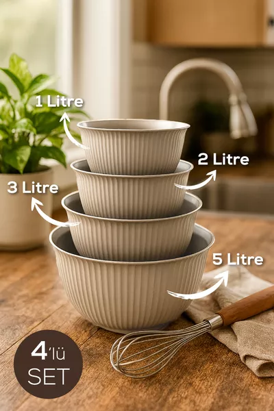 4-Piece Mega Size Plastic Mixing and Storage Bowl Set | 1L, 2L, 3L, 5L Beige