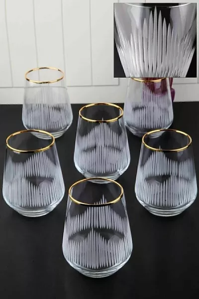 طقم أكواب ماء من الزجاج المقطوع بلون الذهب اللامع لاف، 6 أشخاص، مخطط أحمر