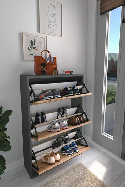 Drop-Down Door Shoe Cabinet with Sliding Shelves, 3-Compartment Shoe Cabinet, Anthracite-Pine