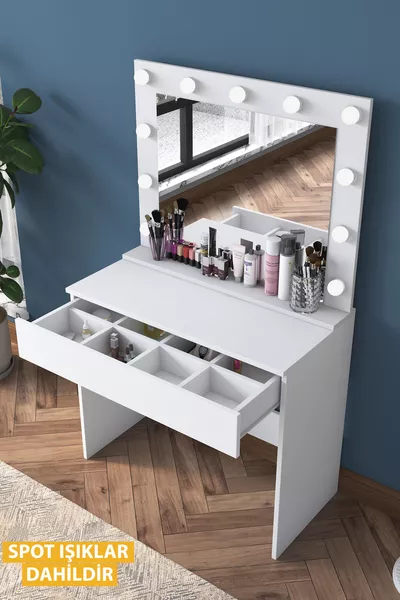 راني طاولة مكياج مع مرآة بإضاءة هوليوودية ومنظم مجوهرات باللون الأبيض