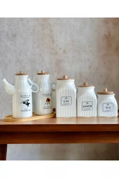 6-Piece Porcelain Daisy Set with Bamboo Stand, ml Oil Dispenser, and 3-Piece Tea, Sugar, Salt, Coffee Jar Set