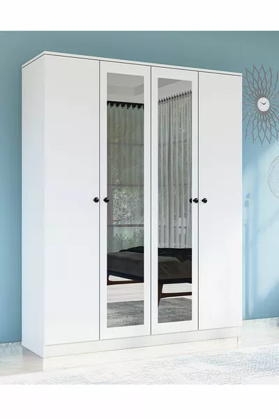 Gm Hayal 4-Door Wardrobe with Mirror and Knob Handles