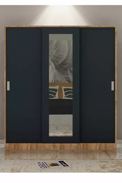 Anthracite Gray GM Sline 3-Door Sliding Wardrobe with Hangers and Shelves in Atlantic Pine