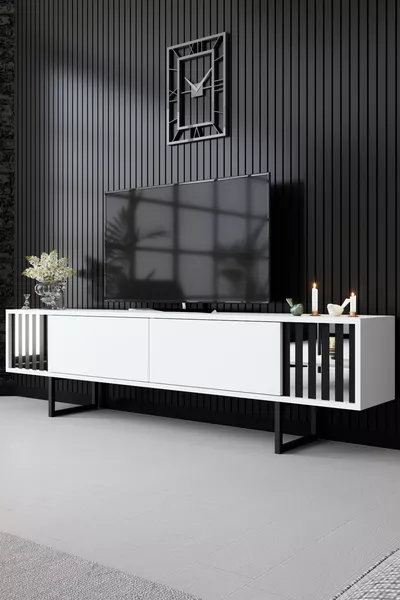Chrome Line White TV Stand with Iron Legs