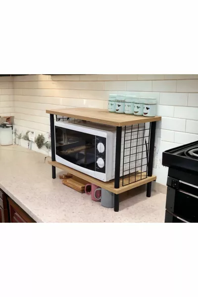 رف ميكروويف، رف علوي للمطبخ هادئ، رف للتوابل، منظّم ذو رفين مع خطاف، مع هدية