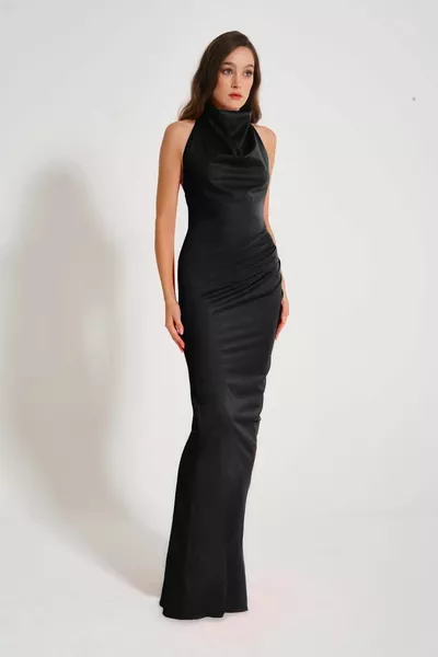 Bianca Black Halter Neck Backless Evening Dress