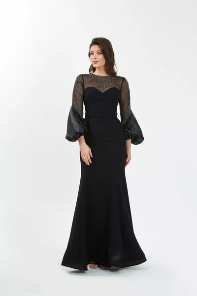 Черный воротник в форме сердца, рукав-баллон с поясом, прозрачная деталь, модель из камня, рыба, вечернее платье и выпускное платье